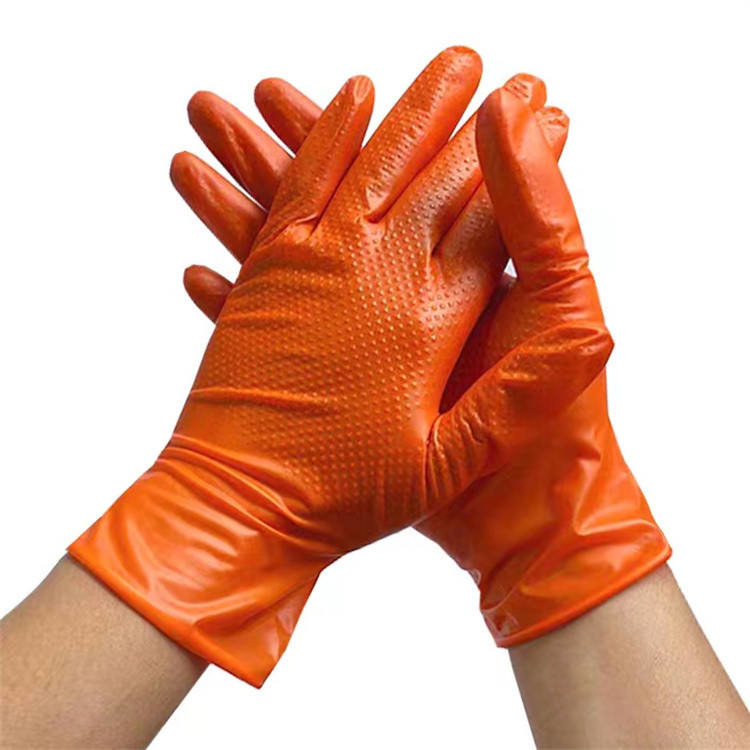 Heavy Duty Black Orange Diamond Textured Palm Grip Reusable Nitrile Work Gloves